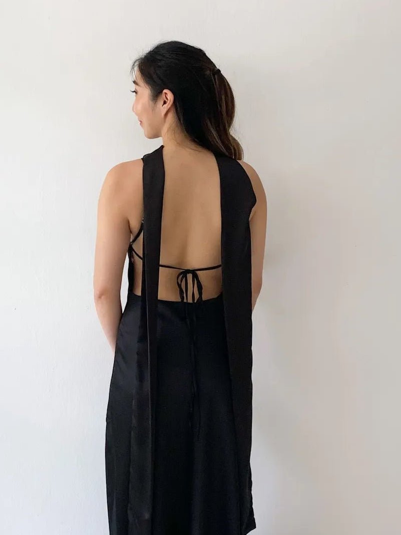 SOERA Astraea Satin Maxi Dress with Scarf - Dress - Black XS