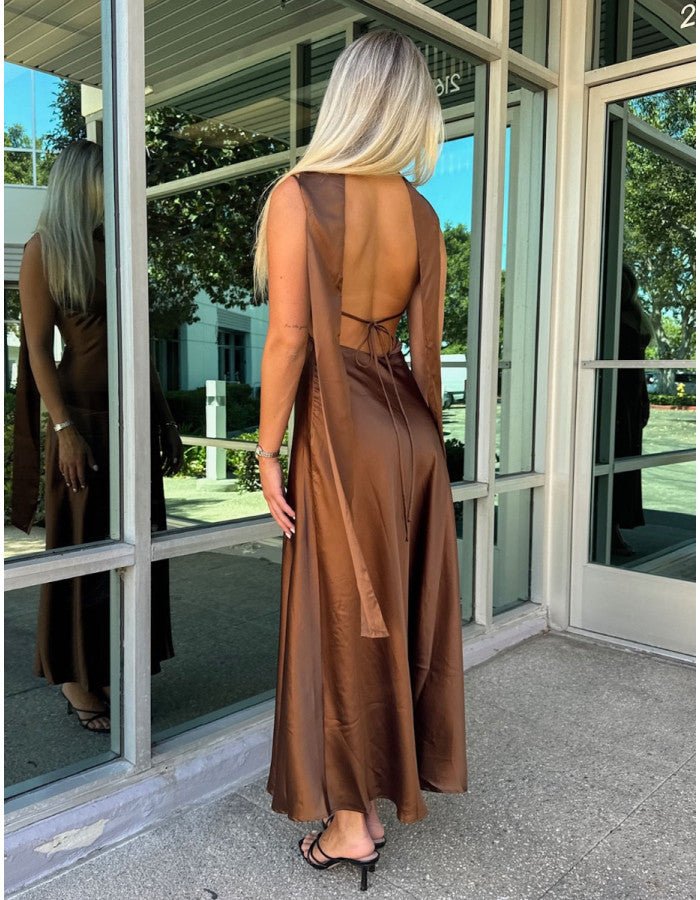 SOERA Astraea Satin Maxi Dress with Scarf - Dress - Brown XS
