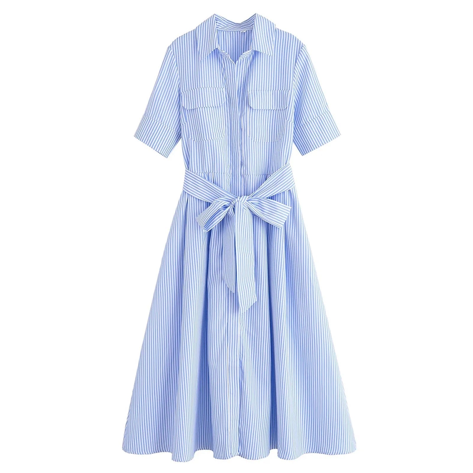 SOERA Beatrice Belted Shirt Midi Dress - Dress - Blue Stripes XS
