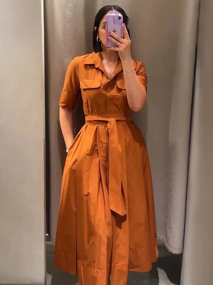 SOERA Beatrice Belted Shirt Midi Dress - Dress - Brown M
