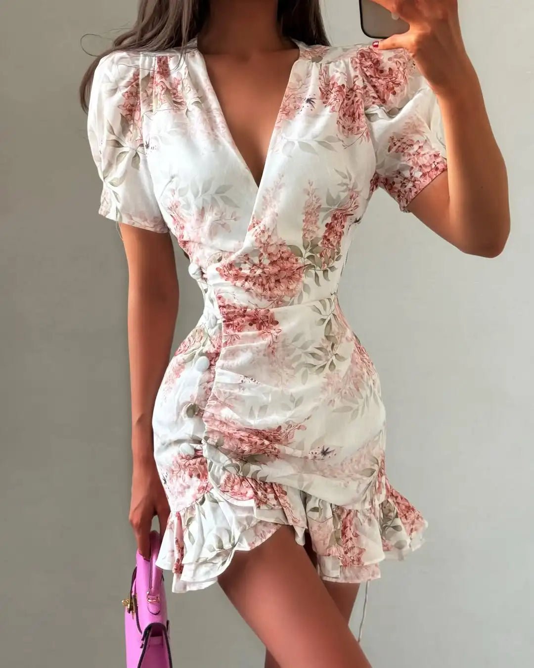 SOERA Beatrice Floral V - Neck Mini Dress - Dress - Pink M