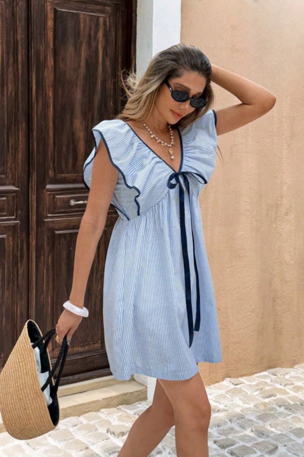 SOERA Beatrice Striped V - Neck Ruffle Mini Dress - Dress - Blue XL