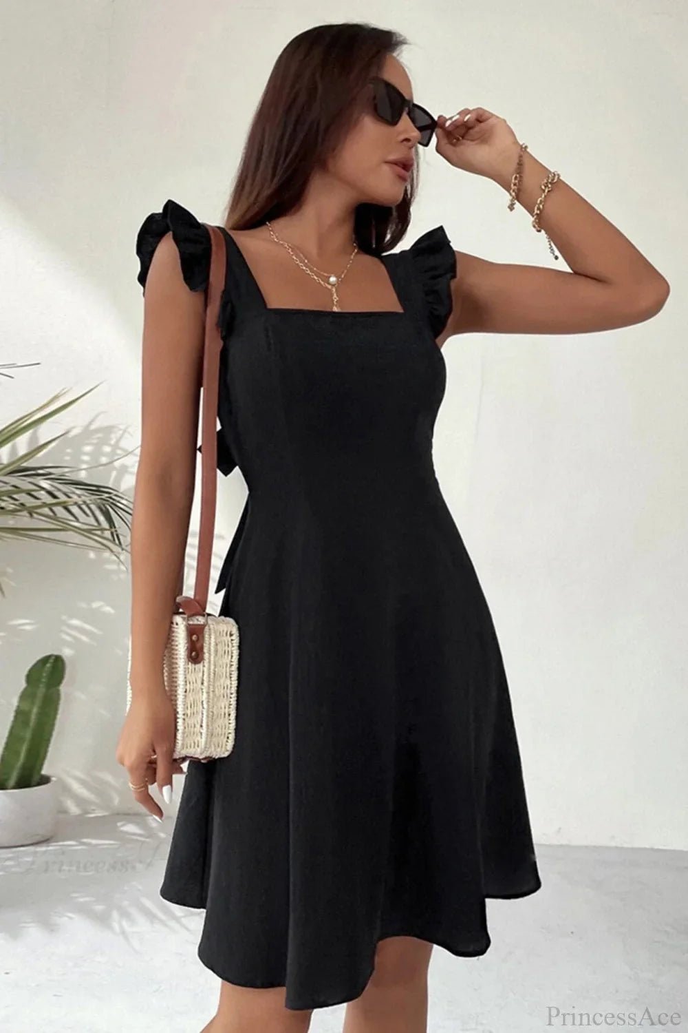 SOERA Bianca Sleeveless Mini Dress with Ruffle Tie - back - Dress - Black XS
