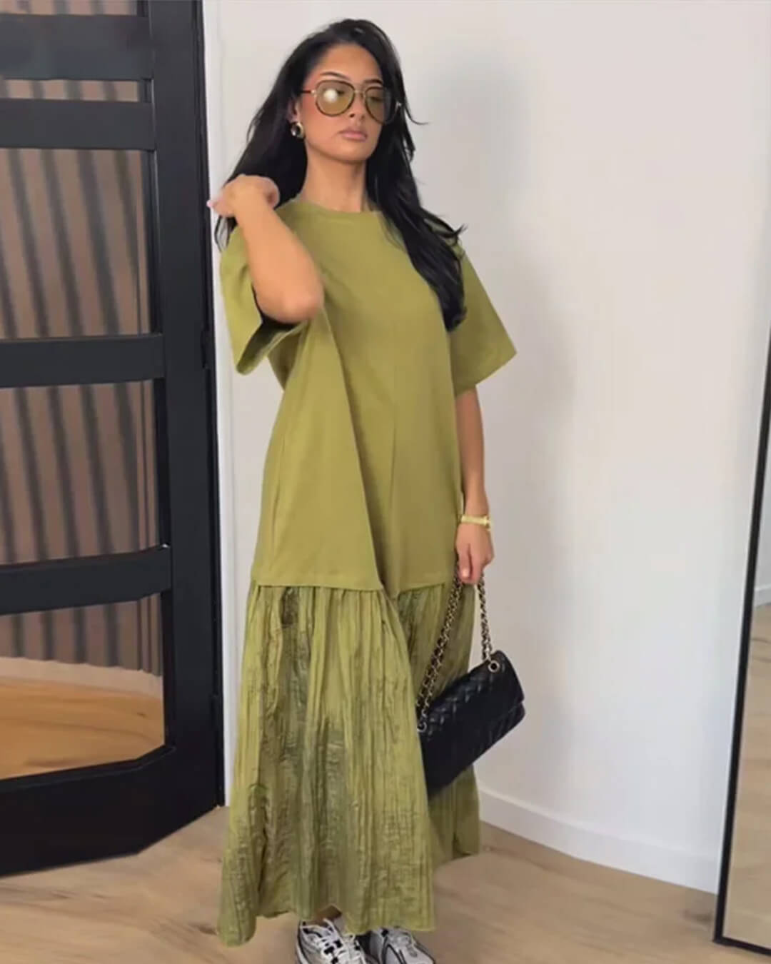 SOERA Eris Pleated Patchwork Midi Dress - Dress - Green L