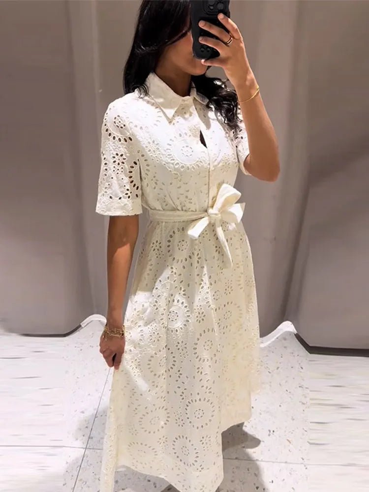 SOERA Merida Embroidered Belted Midi Dress - Dress - White S