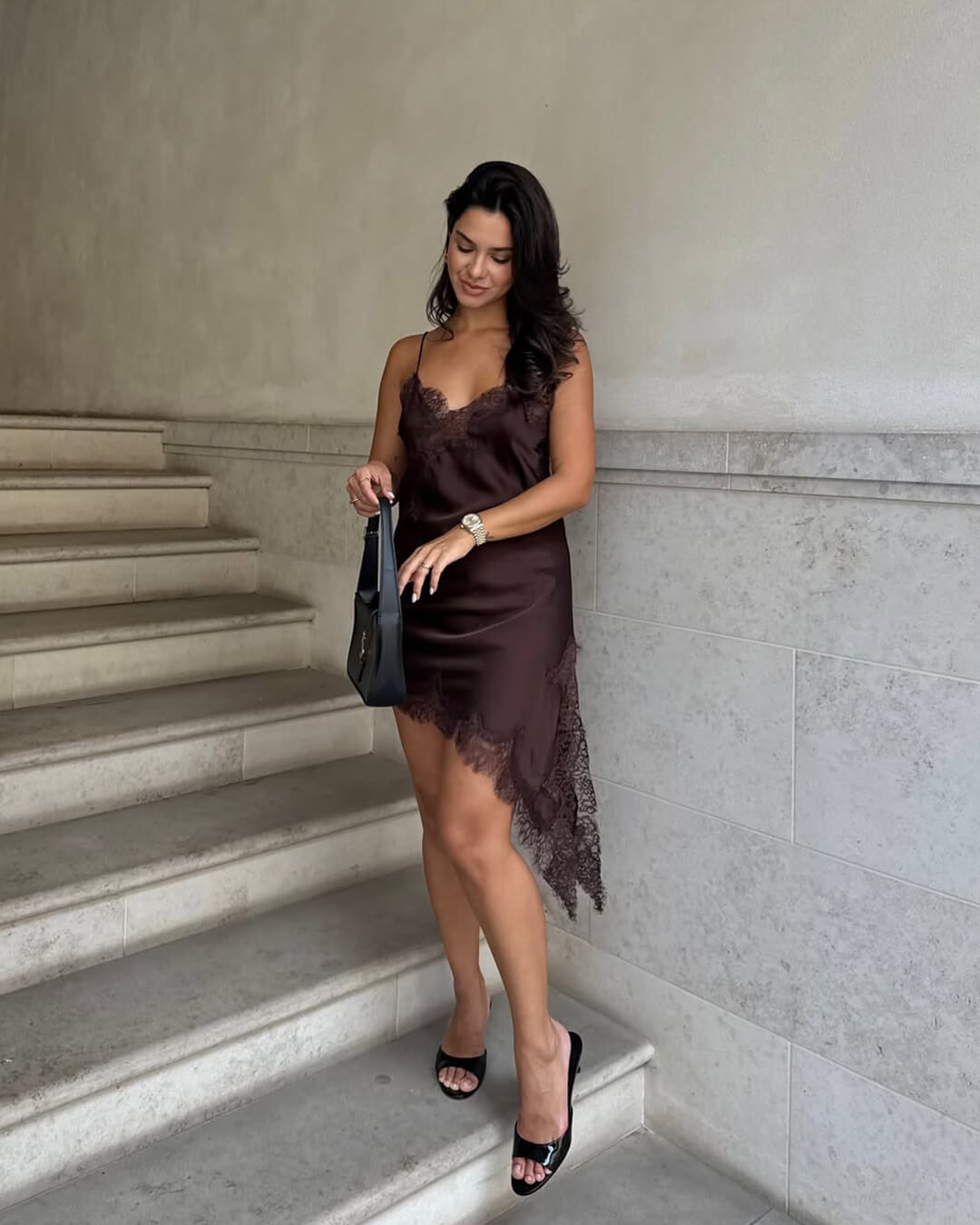 SOERA Arah Asymmetric Satin Lace Midi Dress - Dresses - cJ1760544073336085984 Brown Dress L
