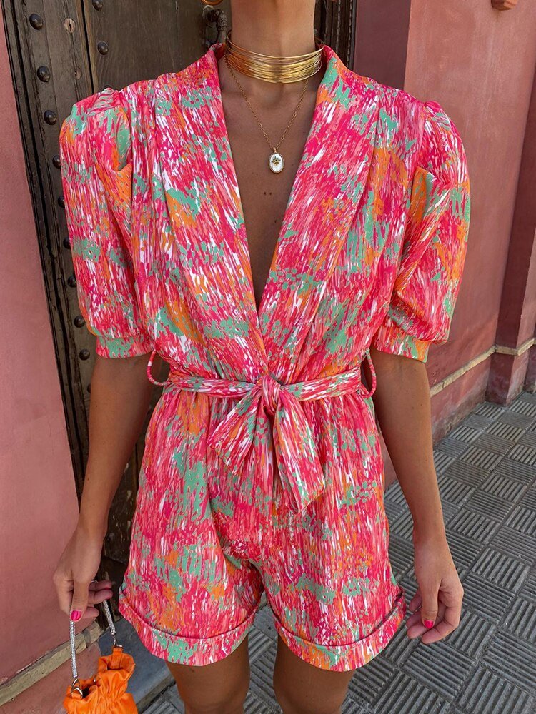 SOERA Bianca Festival Print Belted Playsuit - Jumpsuits & Rompers - Pink S