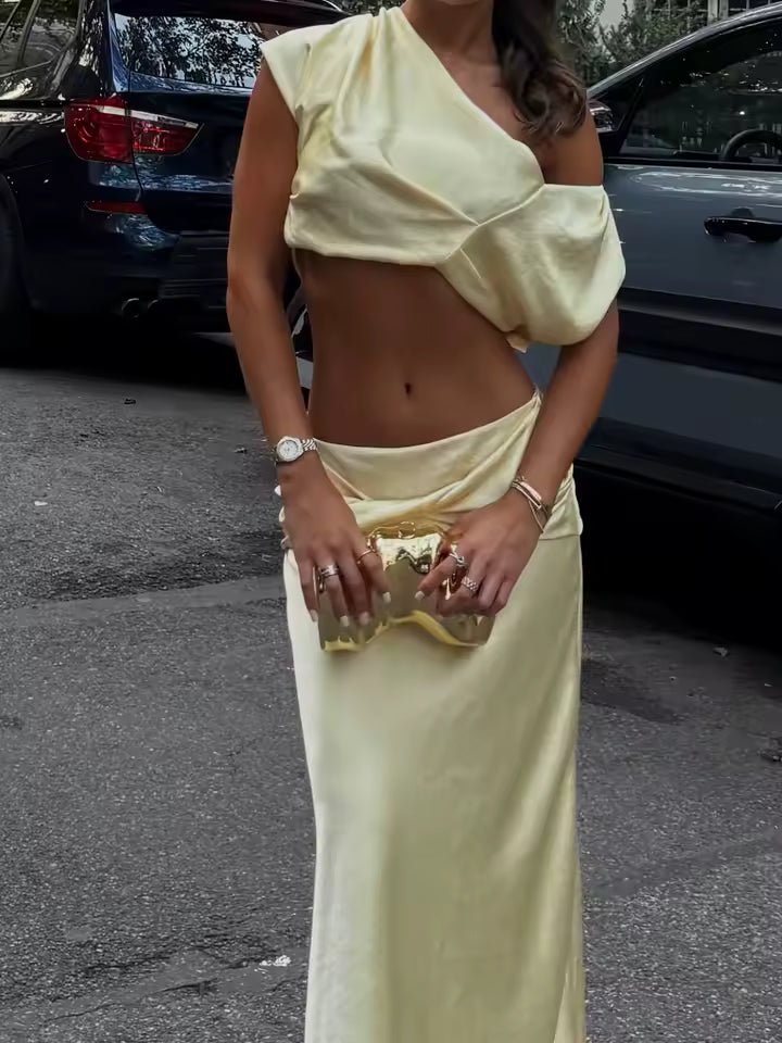 SOERA Arlette Satin Pleated Crop Top & Skirt Set - Matching Sets - Brown XS