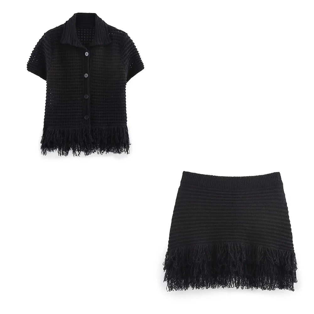 SOERA Beatrice Knitted Tassel Skirt Set - Matching Sets - Black Set