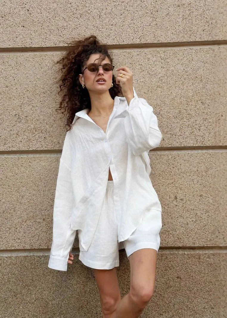 SOERA Camille White Linen Shirt and Shorts Set - Matching Sets - White Set M
