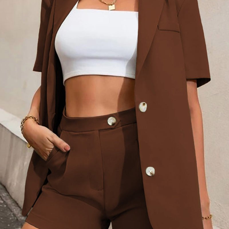 SOERA Elena Two - Piece Collared Short Sleeve Set - Matching Sets - Brown S