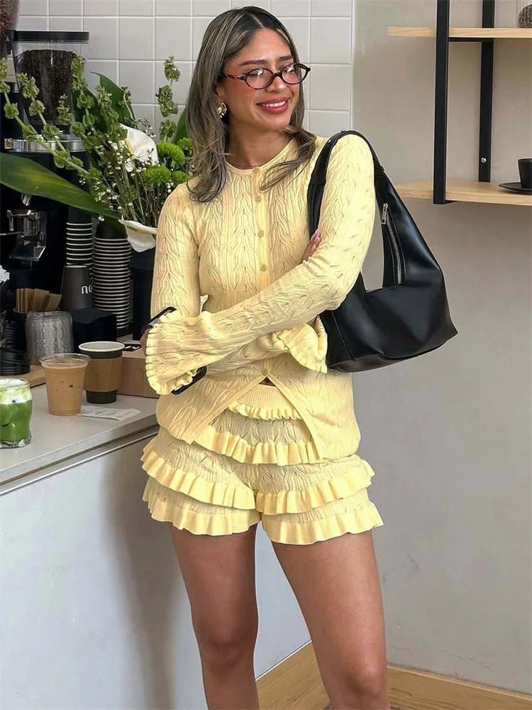 SOERA Iris Ruffled Knit Shorts Set - Matching Sets - Yellow XS