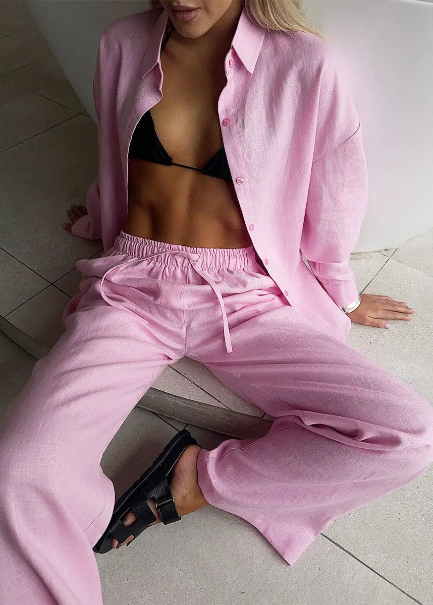 SOERA Sofia Cotton Lounge Set with Button - Up Shirt & Wide Pants - Matching Sets - L