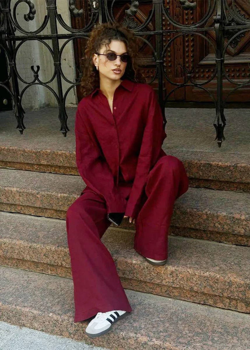 SOERA Bianca Relaxed Cotton Shirt & Wide - Leg Pants Set - Pants - Burgundy S