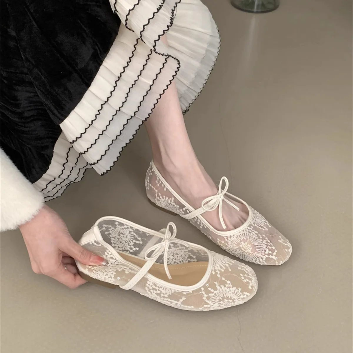 SOERA Saskia Embroidered Mesh Ballet Flats - Shoes - Black 36