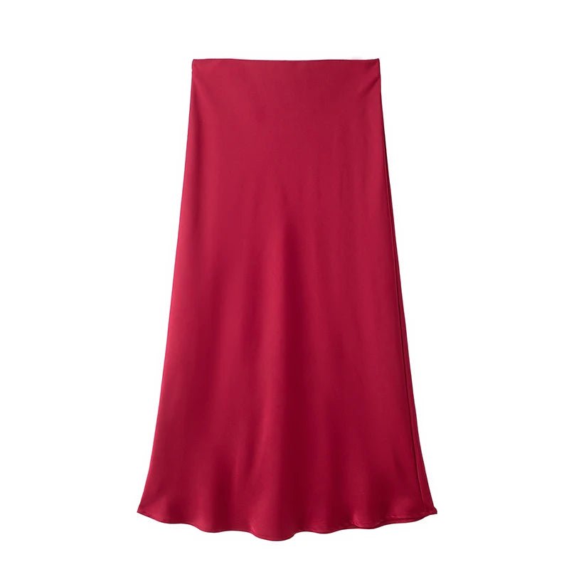 SOERA Anais High Waist Black Satin Midi Skirt - Skirt - Red XS