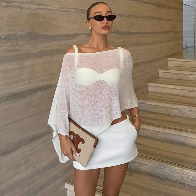 SOERA Jade Asymmetrical Sheer Poncho Top - Sweaters & Cardigans - Beige One Size