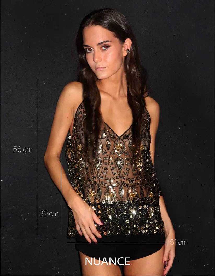 SOERA Beatrice Embellished Sequin Sheer Top - Top - Gold XS
