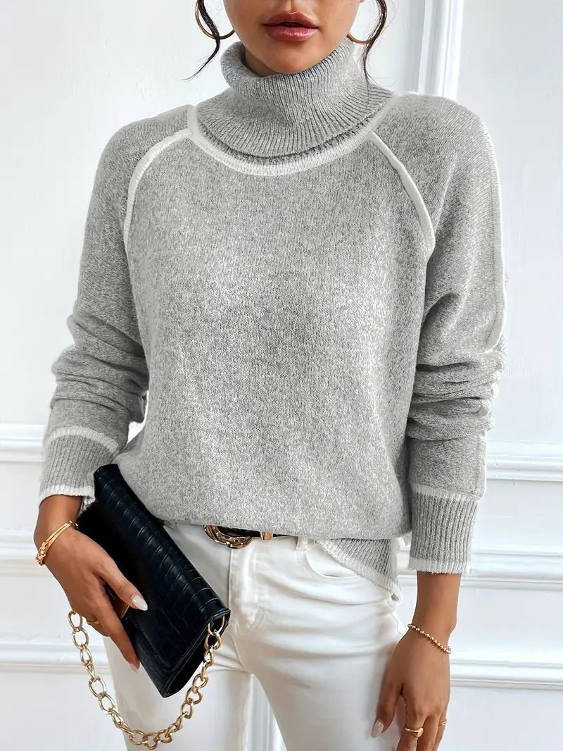 SOERA Juvy Contrasting Turtleneck Sweater - Tops - AO1763304746551342939 Gray XL
