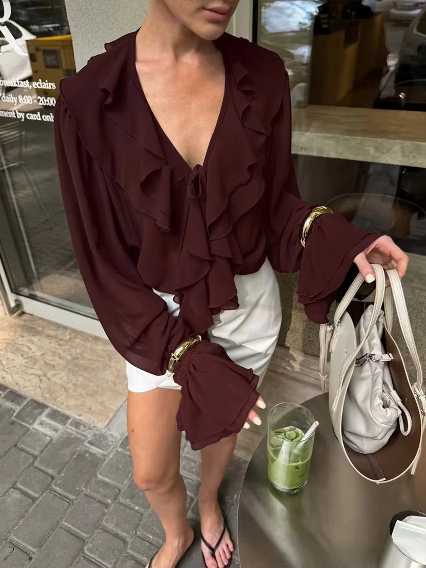SOERA Linda Tie Neck Ruffled Blouse - Blouse - SOERA-414531-BUR-L-54531 Burgundy L