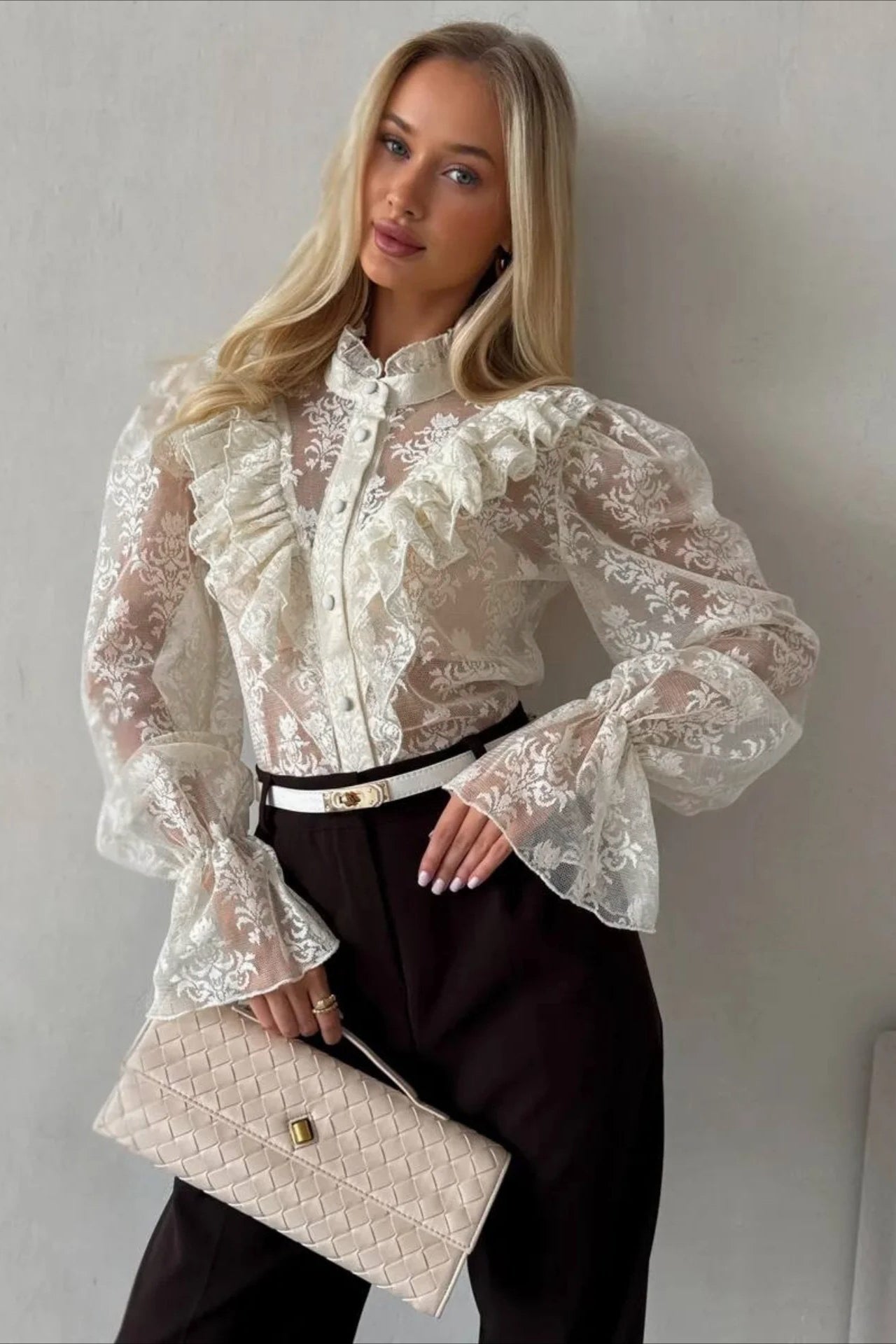 SOERA Miriam Ruffle Lace Sheer Blouse - Blouse - SOERA-381763-BEI-M-92387 Beige M