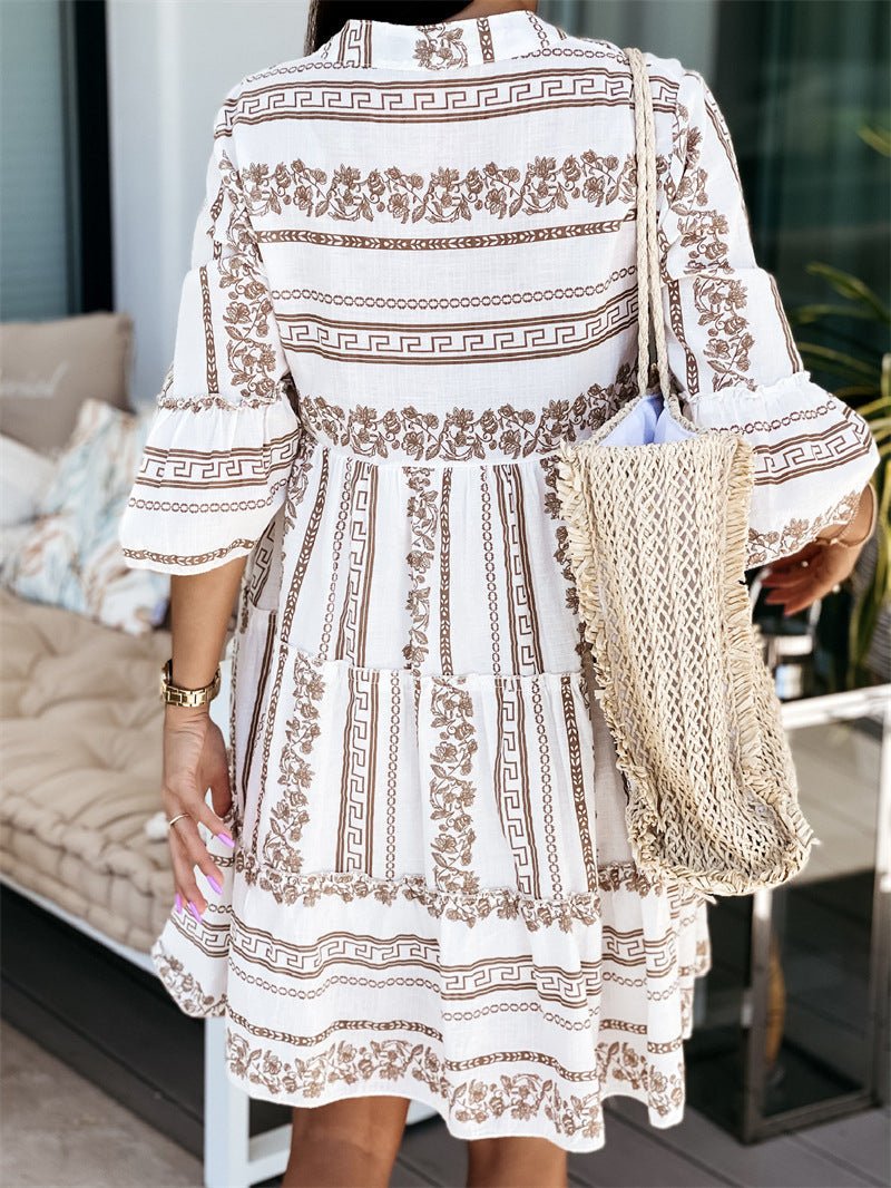 SOERA Beatrice Ruffle Boho Striped Mini Dress - Dress -  Beige XS