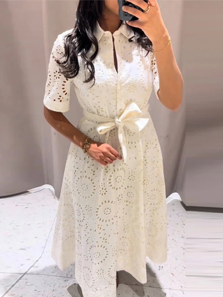 SOERA Merida Embroidered Belted Midi Dress - Dress -  White L