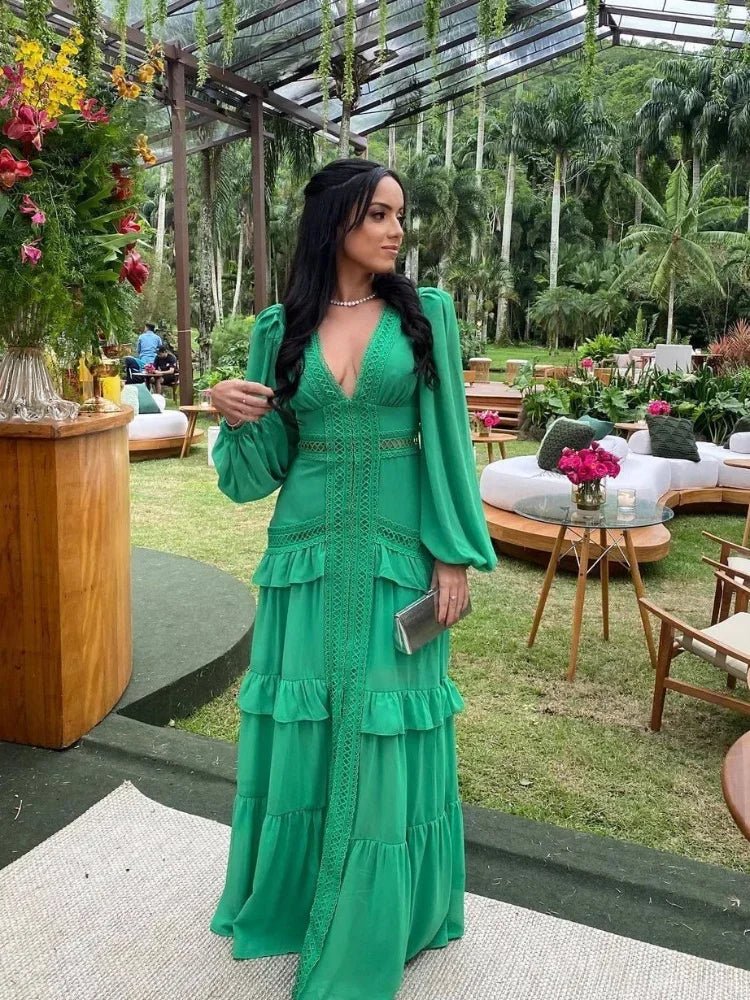 SOERA Molly Deep V - Neck Ruffle Maxi Dress - Dress -  Green S