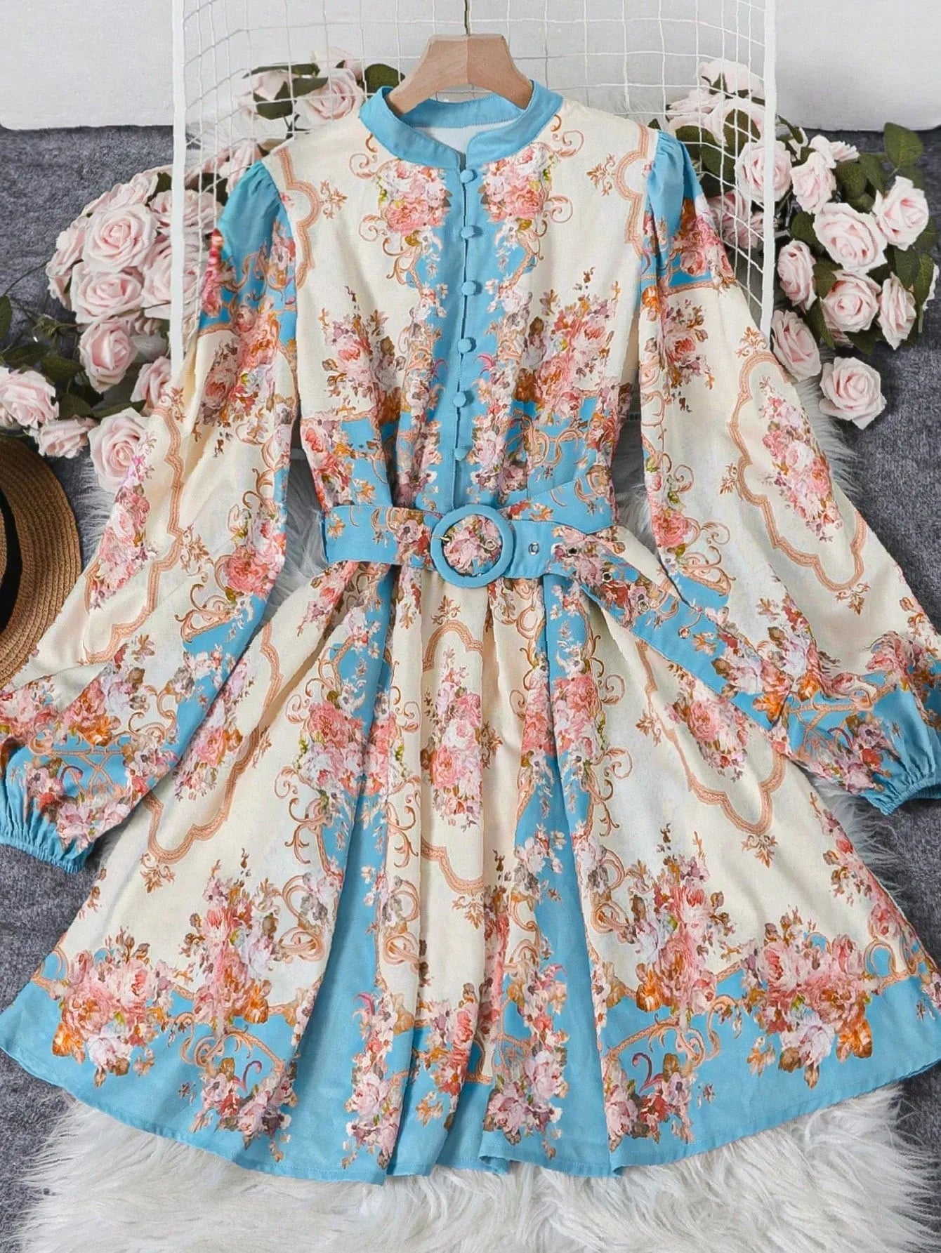 SOERA Petunia Belted Floral Midi Dress - Dress -  Blue L