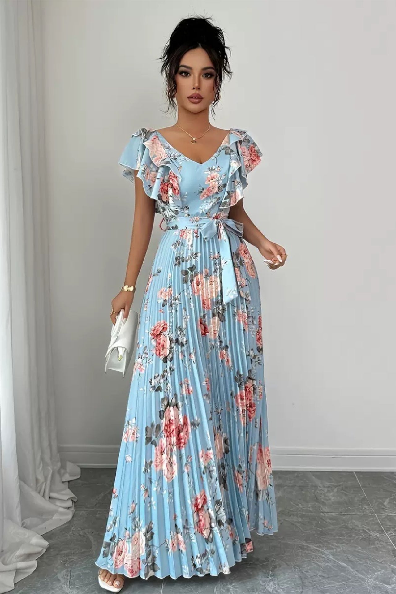 SOERA Valentina Floral V - Neck Ruffle Sleeve Maxi Dress - Dress -  Blue XS