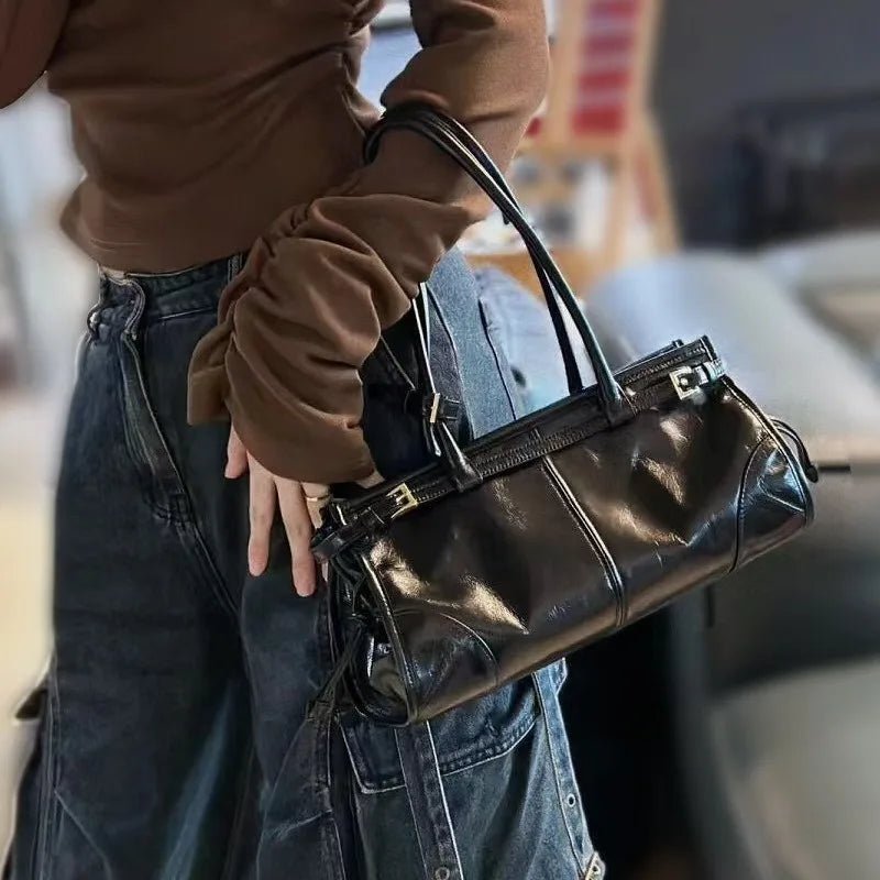 SOERA Luna Leather Shoulder Bag with Belt Detail - Handbags - 1005008217649789-;sj1763050843710379595 Black