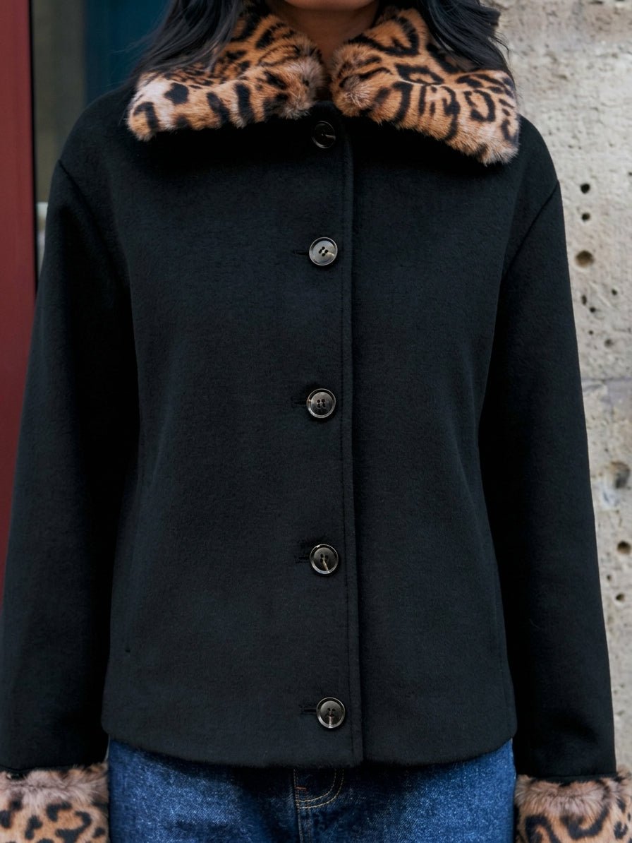 SOERA Anne Leopard Faux Fur Trim Button-Up Jacket - Jacket - SOERA-763971-BLA-M-33763 Black M