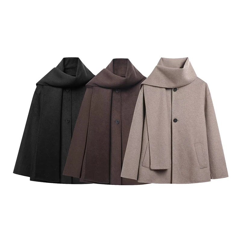 SOERA Cecille Faux Wool Coat with Scarf - Jackets - 3256810062410555-;Ea1763625123198357426 Black S