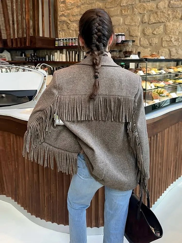 SOERA Marcelle Fringed Blazer Jacket - Jackets - 1005010340456789-;YL1770053333910611007 Brown L