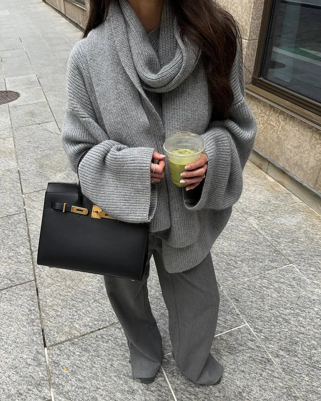 SOERA Xia Loose Knit Pullover with Scarf - Jackets - 3256809735915458-;fL1761548494741499342 Gray L