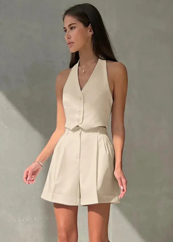 SOERA Bianca Tailored Halter Vest & Shorts Set - Matching Sets -  Beige S