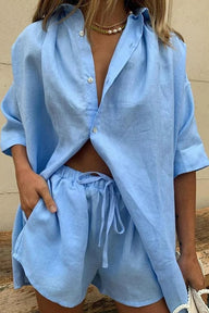 Erica skjortebluse med knapper og shorts sett