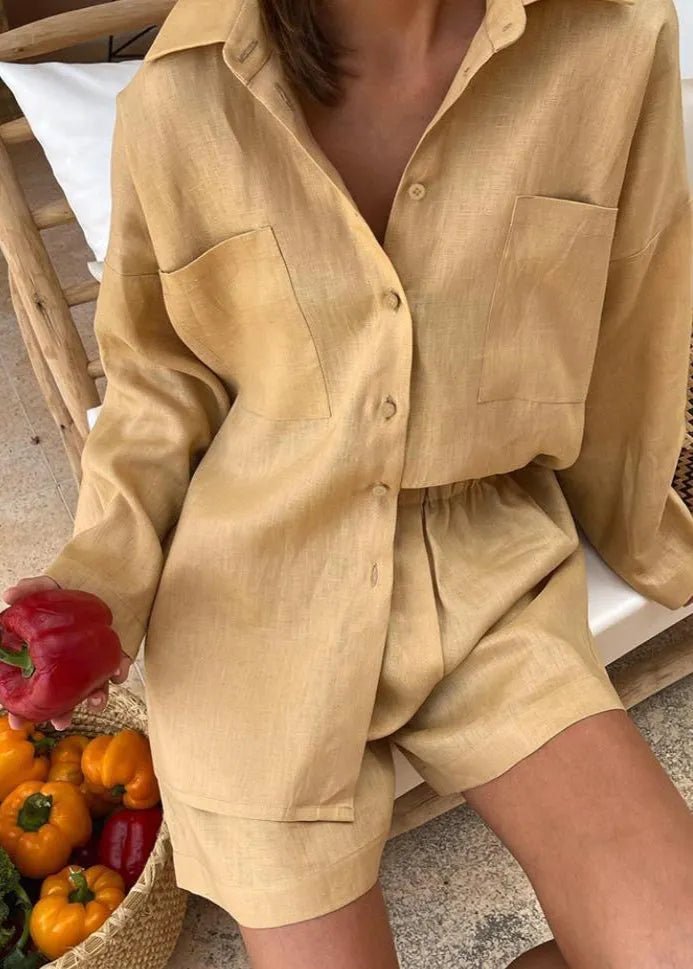 SOERA Sophia Linen Button - Down Shirt & High - Waist Shorts Set - Matching Sets -  Brown S