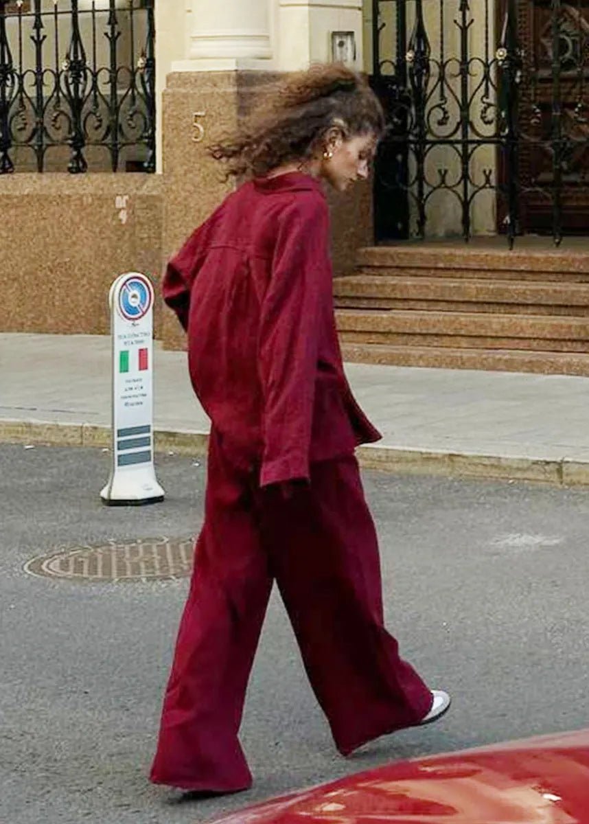SOERA Bianca Relaxed Cotton Shirt & Wide-Leg Pants Set - Pants -  Burgundy L