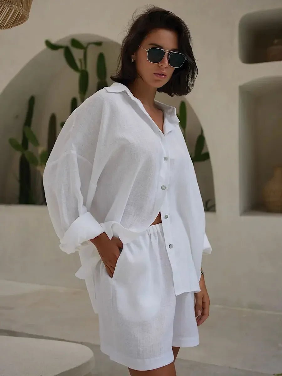 SOERA Sally Lapel Lantern Sleeve Shorts Set - Set - 1005006947356468-;EP1776063208020244816 White S