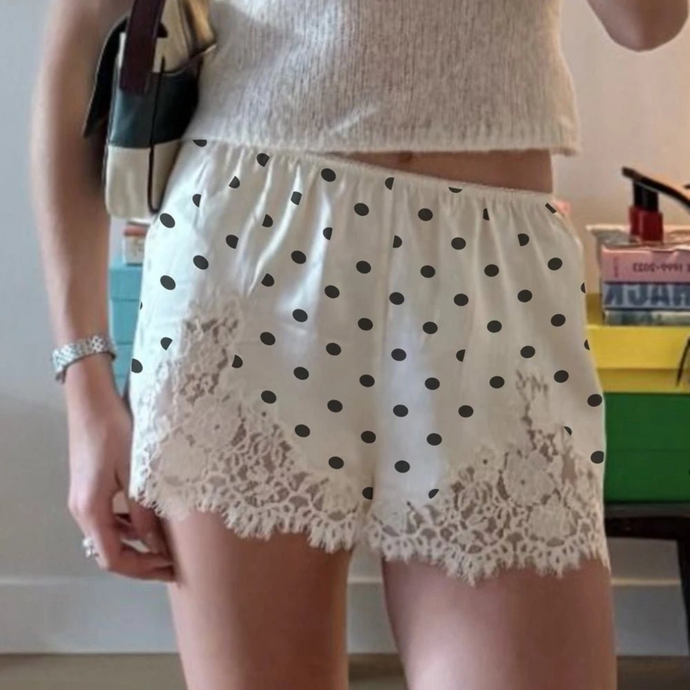 SOERA Pauleen Polka Dot Lace Trim Shorts - Shorts - 1005010162043391-;Ry1774012026701533198 White Black L