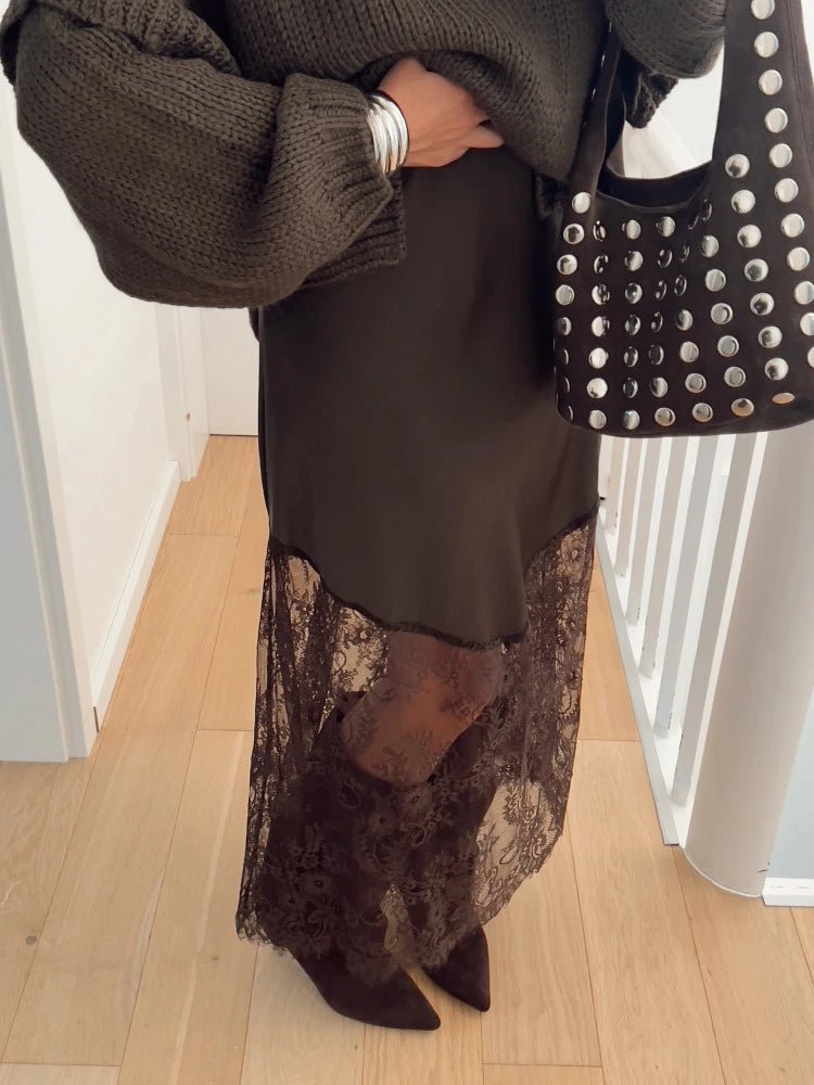 SOERA Diane Satin Lace Maxi Skirt - Skirts - 3256809822824212-;Ai1765494891640091144 Brown L