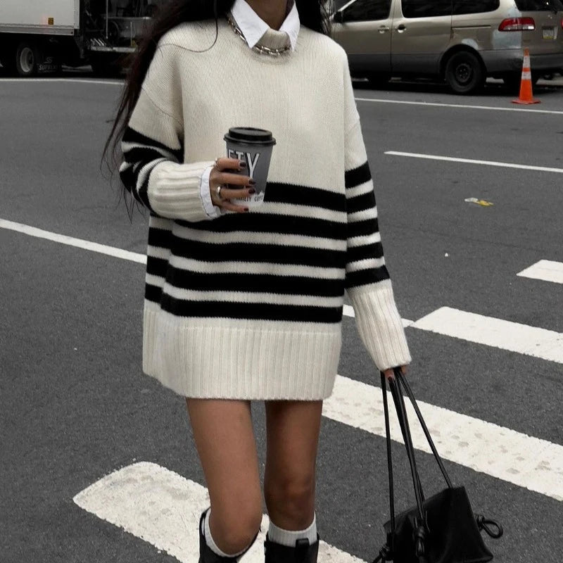 SOERA Flora Oversized Turtle Neck Striped Sweater - Sweaters - 1005008097353902-;Wg1764703454936025879 White L