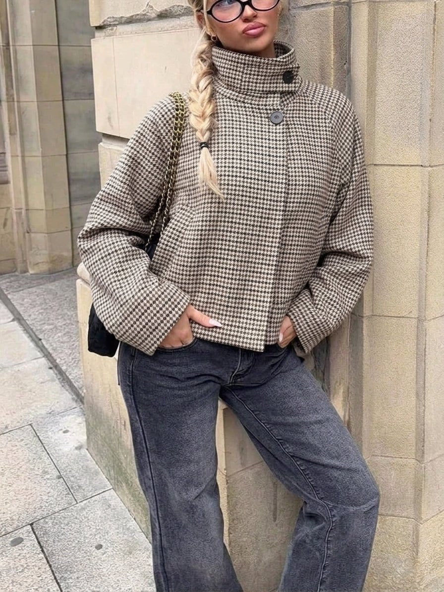 Amelia High-Collar Houndstooth Cropped Jacket