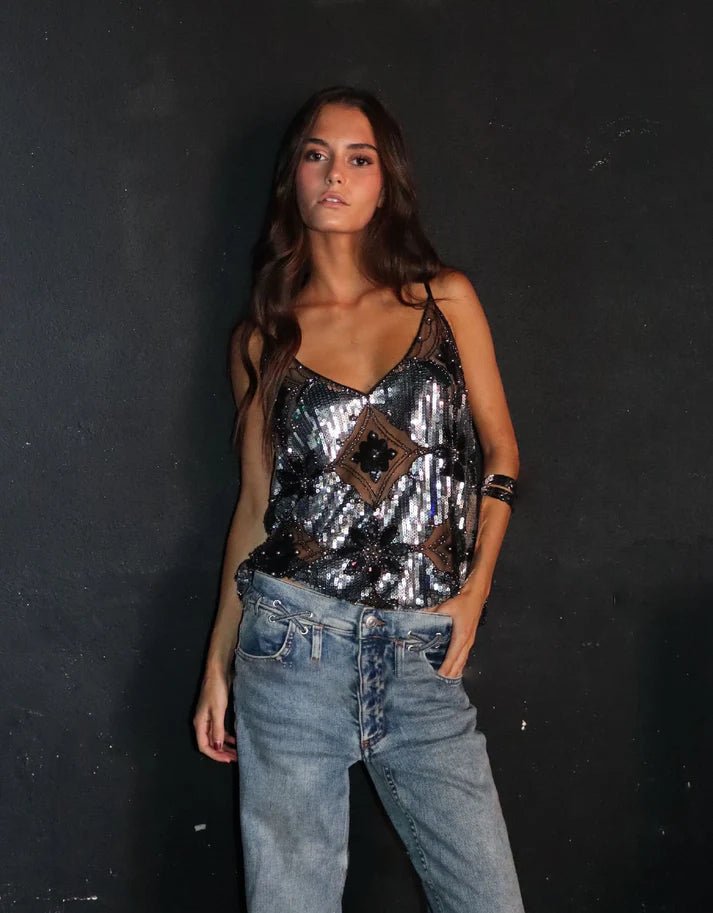 SOERA Beatrice Embellished Sequin Sheer Top - Top -  Silber XS