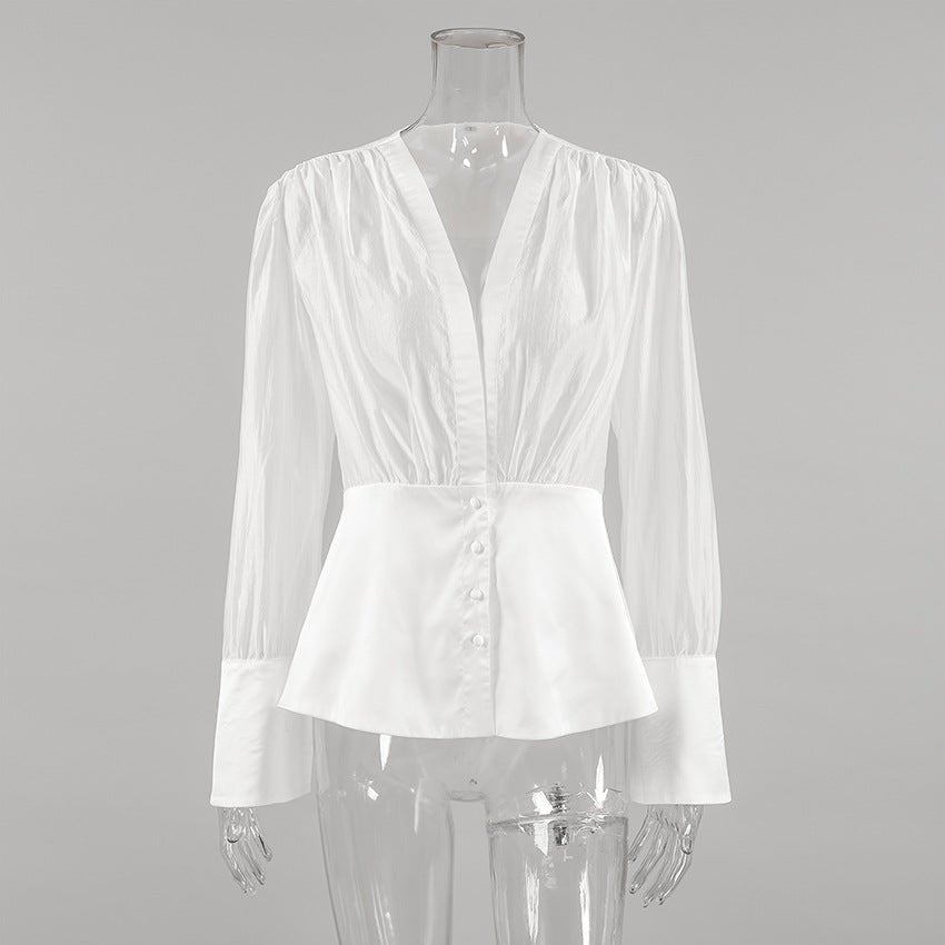 SOERA Elisa Deep Neck Sheer Button Blouse - Tops - gF1770344797580301449 M