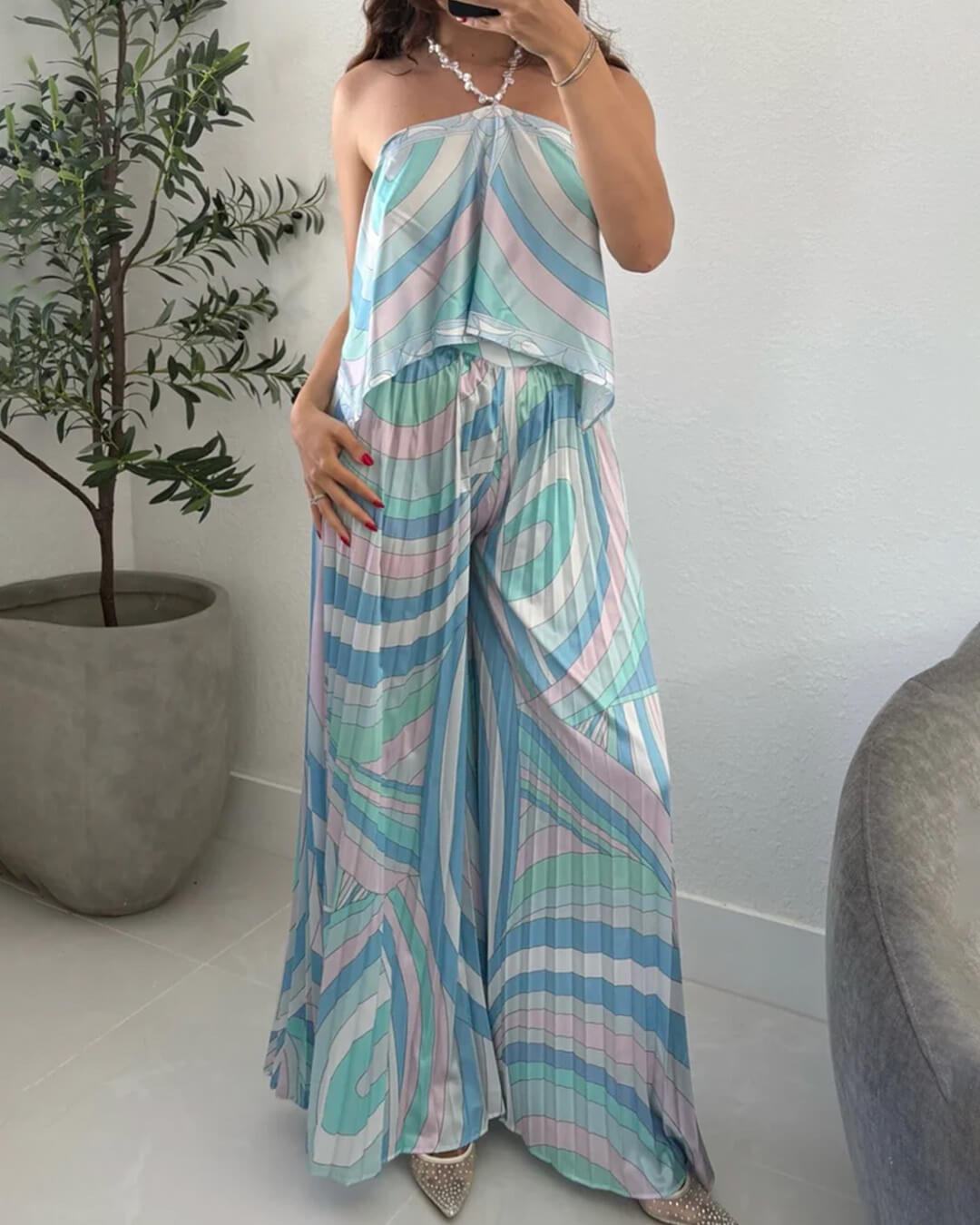 Bianca plisserte capri-bukser co-ord sett